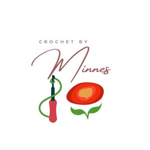 May include: Crochet by Minnes logo featuring a red flower with green leaves and a crochet hook with pink yarn.
