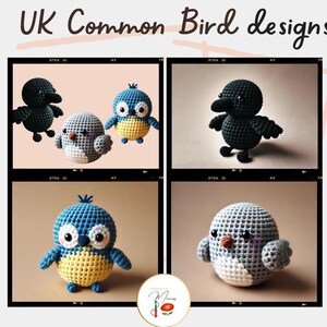 May include: Four crocheted bird plushies in different colors and designs. The birds are a bluebird, a robin, a crow, and a blackbird. The plushies are all about 4 inches tall and are made with soft yarn.