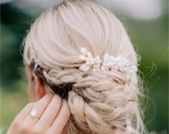 Ceramic Flower Hair Comb, Gold Silver Simple White Flower Bridal Headpiece, Wedding Hair Accessories, Bridal Pearl Floral Hair Comb