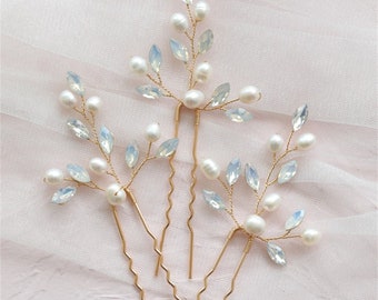 Freshwater Pearl Hair Pin 3pcs,Bridal Opal Crystal Hair Accessories,Wedding Hair Piece,Bridal Headpiece,Bridesmaid Hair Pins,Wedding Jewelry