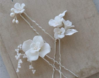 Bridal Pearl Flower Hair Pin 3pcs,Wedding Ceramics Floral Hair Accessories,Bridal Headpiece,Bridesmaid Hair Pins,Wedding Hair Piece