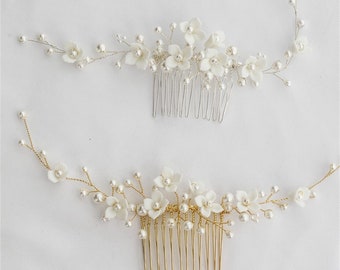 Bridal Ceramic Flower Hair Comb,Wedding Pearl Floral Hair Comb,Bridal Headpiece,Wedding Hair Piece,Bridal Bridesmaid Hair Accessories