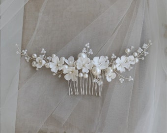 White Ceramic Flowers Bridal Hair Comb, Bridal Headpiece, Wedding Dress Hair Accessories, Wedding Hair Piece, Bridesmaid Hair Comb