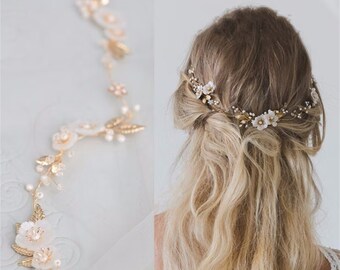 Bridal Mother of Pearl Flower Hair Vine,Boho Wedding Headband,Pearl Hair Vine,Wedding Hair Accessories,Gold Leaf Soft Hair Vine