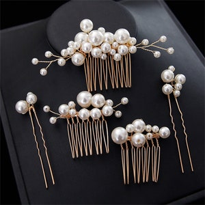 Pearl Hair Comb 5pcs,Bridal Hair Accessories Set,Gold Pearl Hair Pins,Wedding Hair Comb,Bridal Headpiece,Pearl Hair Slide,Wedding Hair Clip