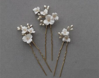 White Ceramic Flower Pearl Hair Pin 3pcs, Bridal Crystal Hair Pins, Wedding Hair Piece, Bridal Headpiece, Bridesmaid Hair Accessories