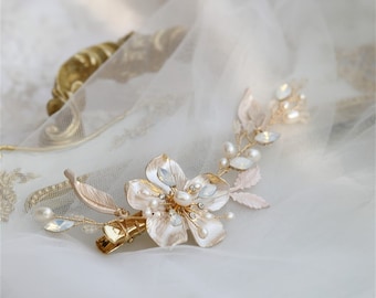 Flower Natural Pearl Hair Clip, Hair Accessories for Bride, Wedding Crystal Gold Hair Piece