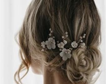 Bridal Floral Hair Pin 3pcs, White Flower Pearl Hairpins, Bridal Headpiece,Wedding Hair Piece, Bridesmaid Hair Pins, Bridal Hair Accessories