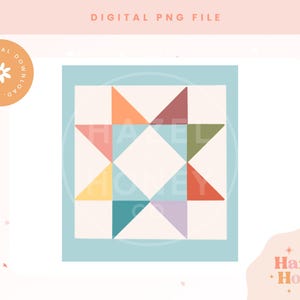 May include: A digital PNG file featuring a colorful quilt block design. The block has a light blue background with a central square and surrounding triangles in shades of orange, red, green, yellow, teal, and purple. Text reads "DIGITAL PNG FILE" and "INSTANT DOWNLOAD".