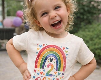 Maglietta di compleanno arcobaleno con nome personalizzato, maglietta personalizzata per bambina di due anni, regalo per la festa del 2° compleanno, cuori colorati, bambini piccoli, carina celebrazione