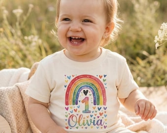 Maglietta personalizzata per compleanno arcobaleno con nome personalizzato, regalo per il primo compleanno delle bambine, vestito per feste di 1 anno, abbigliamento per bambini piccoli, abbigliamento per la festa di compleanno