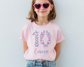 Personalized Pastel Butterfly 10th Birthday Shirt For Girls Custom Name Tenth Bday Party Tee Kids Celebration Outfit Gift For Daughter Niece