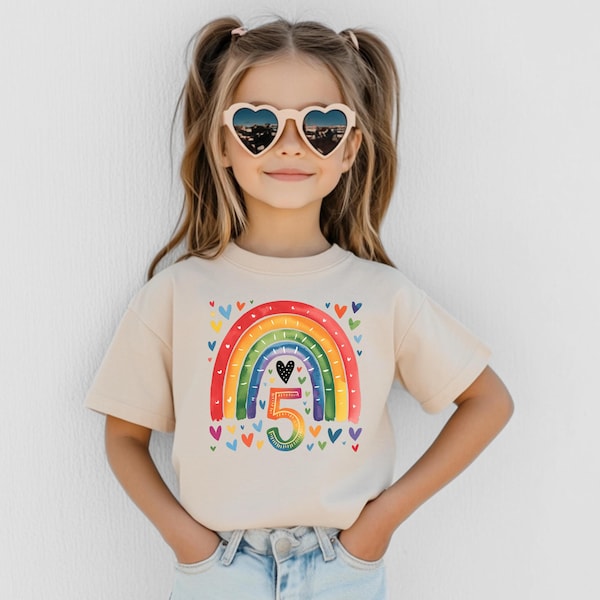 Chemise d'anniversaire pour petite fille, j'ai déjà 5 ans, cadeau pour enfants aquarelle arc-en-ciel, nom personnalisé, cadeau pour le cinquième anniversaire de la fille