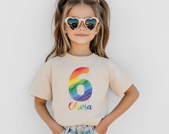 Rainbow Birthday Shirt Number 6 Six Year Old Birthday Gift Kids Youth Girls Boys Colorful Personalized Birthday Party Outfit Girls Name Tee