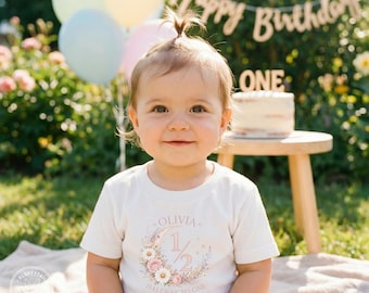 Personalized Floral Half Birthday Shirt, Crescent Moon Watercolor Infant Tee, Blush Six Month Girl Top, Custom Name Starry Milestone Outfit