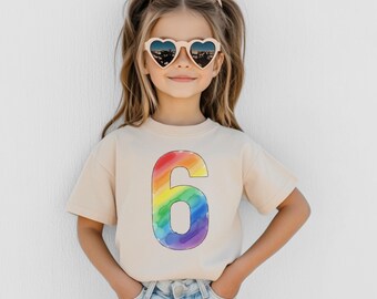 Rainbow Birthday Shirt Six Year Old Girl Gift Colorful Number 6 Tee Kids Party Outfit Celebration Wear Vibrant Watercolor Design Birthday