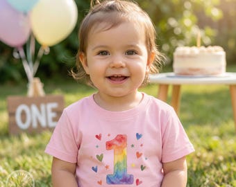 Personalized Rainbow 1st Birthday Shirt, Watercolor Number One Hearts Stars Tee, Colorful Girls Party Outfit, Toddler Photo Keepsake Gift