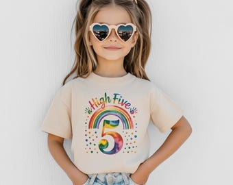 Regenbogen 5. Geburtstag Shirt Mädchen High Five Shirt für Kinder Geburtstagsgeschenk Kleinkind Mädchen Outfit Fünfter Geburtstag T-Shirt Bunte Regenbogen Design