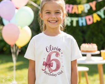 6th Birthday Shirt 6 Year Old Girl Gift 6th Birthday Outfit Coquette Bow Dusty Rose Personalized Name Tee Birthday Girl Shirt