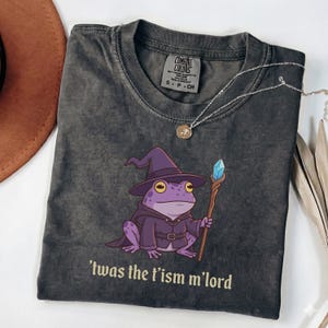Puede incluir: Camiseta Comfort Colors gris oscuro con un diseño de rana morada mago sosteniendo un bastón y el texto "'twas the t'ism m'lord". La rana lleva un sombrero y una capa morados. También se ve un collar plateado con un colgante.