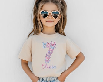 Camiseta de cumpleaños personalizada con mariposas pastel para niñas, camiseta con nombre y número personalizados, conjunto para la séptima fiesta, regalo para niñas pequeñas y jóvenes.