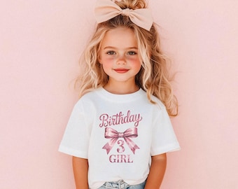 Birthday Girl Shirt Age 3 Pink Bow Watercolor Toddler Birthday Tee Coquette Third Birthday Outfit Gift For Girls Cute 3rd Birthday Shirt