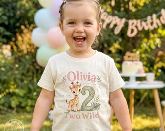 Personalized Two Wild Giraffe 2nd Birthday Shirt, Watercolor Safari Girl Custom Name Tee, Pink Bow Jungle Toddler Outfit, Animal Party Gift