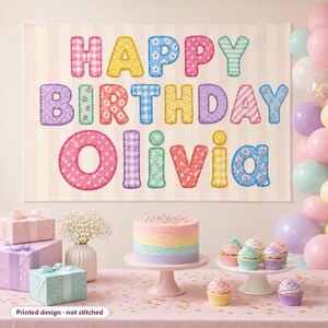 Patchwork Birthday Banner Personalized With Name | Felt Style Rainbow Letter Girls Party Backdrop | Fabric Happy Birthday Wall Decor