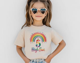 High Five Geburtstag Shirt Mädchen 5. Geburtstag Regenbogen Shirt Kinder Geburtstag Outfit Geschenkidee für Mädchen Drehen fünf Fünften Geburtstag Regenbogen Tee