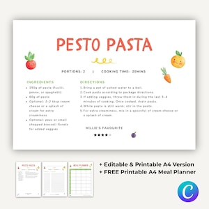 Modèle de carte de recette modifiable sur Canva, lot de cartes de recettes, planification de repas pour enfants, recettes pour enfants, recette imprimable, modèle de planificateur de repas