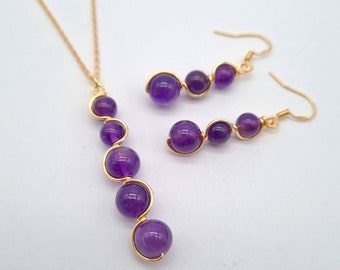 Hand Crafted Amethyst Drop Earrings, Gold Amethyst Necklace, Unique Amethyst Set, Purple Gold Set