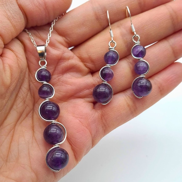 Amethyst Earrings Necklace Set, Silver Purple Jewellery, Amethyst Bead Earrings Necklace