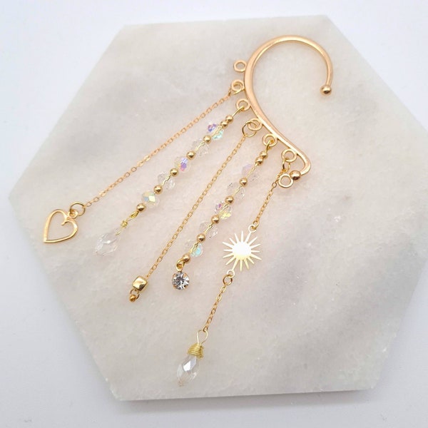 Ear Wrap Cuff, Dainty Bead Dangle, Gold No Piercing Earring, Crystal Jewellery Gold