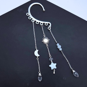 Bijou d'oreille céleste en argent, pendentifs en cristal, breloques étoiles soleil lune, contour d'oreille sans piercing