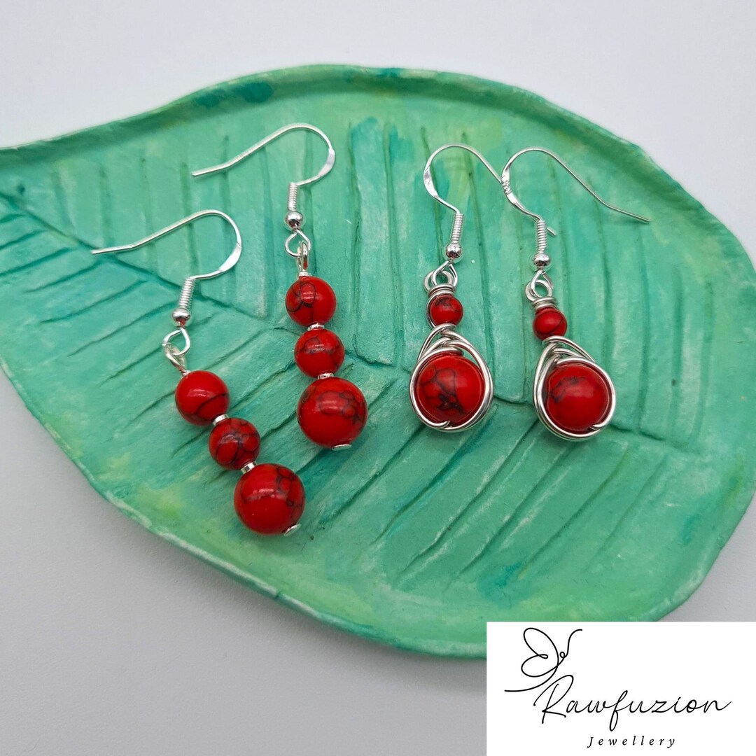 Red Marble Bead Earrings, Gemstone Dangle Earrings, Gemstone Jewellery