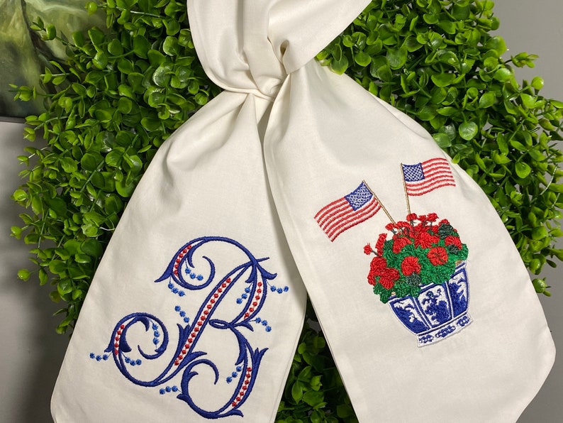 Patriotic Script Letter with optional Chinoiserie Wreath sash Memorial Day wreath wrap, Veterans, 4th of July, Independence Day