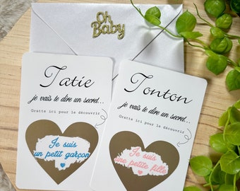 Cartes à gratter annonce sexe bébé, fille ou garçon  annonce grossesse mamie papi , tonton , tata, tatie, bébé baby shower gender reveal