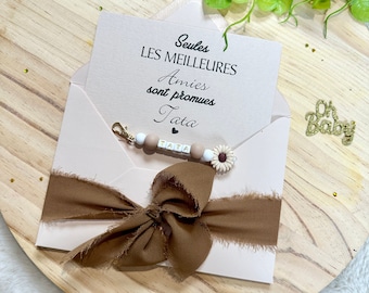 Annonce grossesse tata carte + porte clé fleurs beige et marron