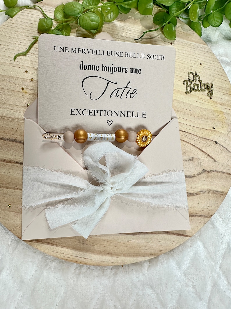 Annonce grossesse tatie carte porte clé fleurs beige et doré imagem 4