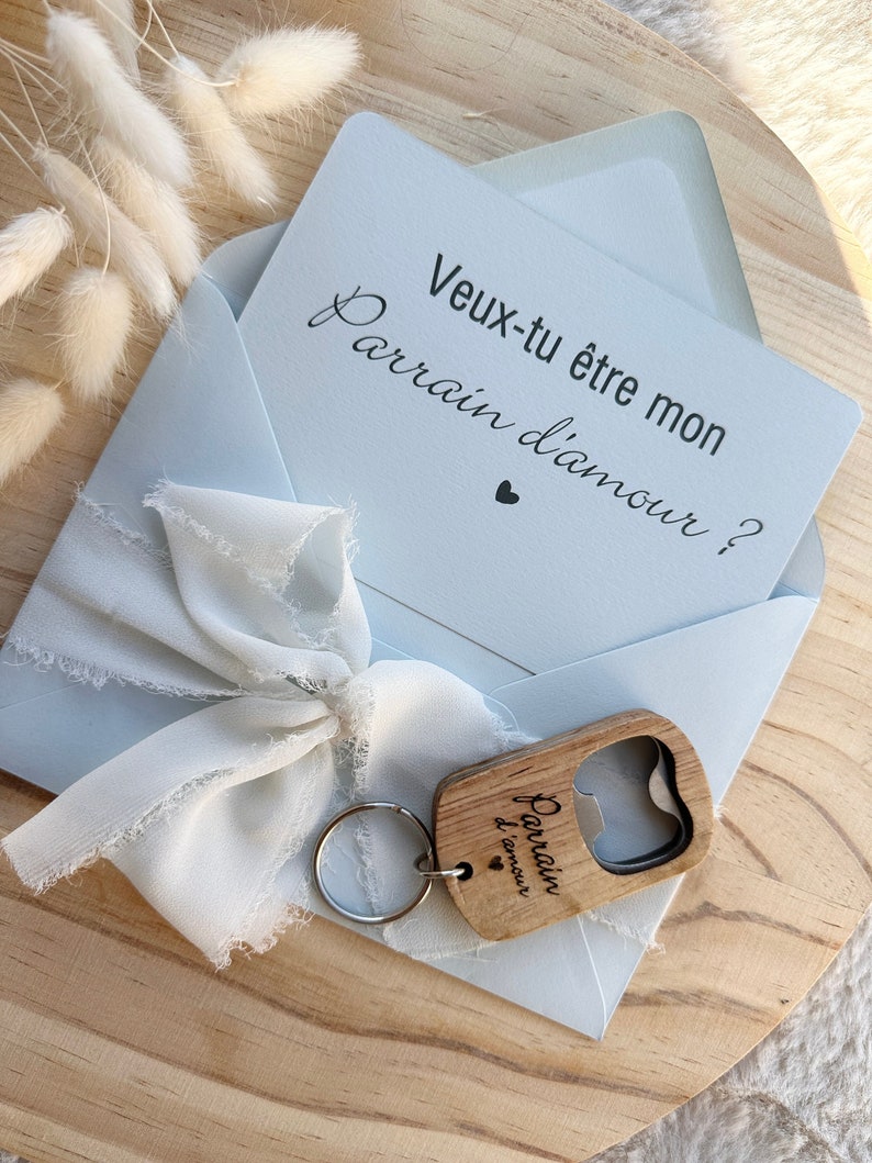 Blue godfather pregnancy announcement with bottle opener, bottle cap, key ring bottle opener, baby baptism godfather, godfather request image 1