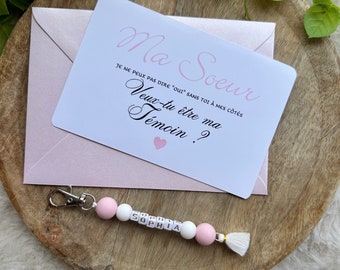 Demande témoin de mariage, carte + Porte clé pompon à personnaliser