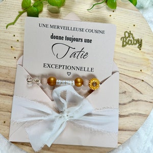 Annonce grossesse tatie carte porte clé fleurs beige et doré image 1