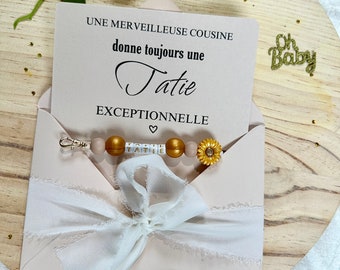 Annonce grossesse tatie carte + porte clé fleurs beige et doré