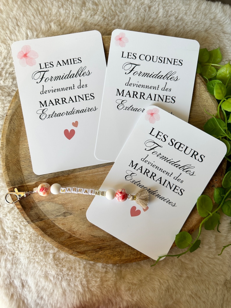 Pregnancy announcement godmother friend, cousins, sisters, pompom key ring card Amie Marraine