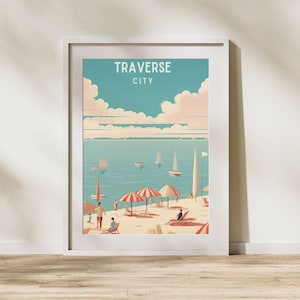 Traverse City Michigan Travel Poster, Vintage Inspired Wall Art, Great Lakes Home Decor, Fine Art Poster Midwest Artwork Northern Michigan