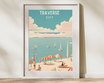 Traverse City Michigan Travel Poster, Vintage Inspired Wall Art, Great Lakes Home Decor, Fine Art Poster Midwest Artwork Northern Michigan