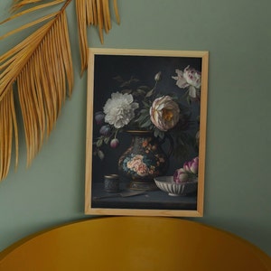 Dark Academia Stimmungsvolle Blumen Stillleben Malerei, Vintage inspiriert, digitaler Download, Gothic Blumen Wand Kunst Dekor