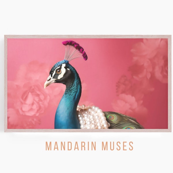 Regal Peacock with Pearls on Coral Pink Wallpaper - Samsung Frame TV Art - Jonathan Adler - Anthropologie - West Elm - Maximalist
