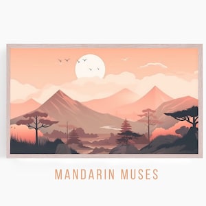 May include: A digital illustration of a mountain landscape with a large, pale orange sun in the sky. The mountains are a soft pink and purple color, and there are trees in the foreground. The text "MANDARIN MUSES" is at the bottom of the image.