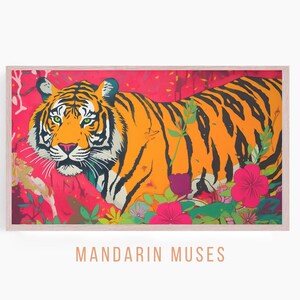 May include: A colorful illustration of a tiger walking through a jungle scene with vibrant flowers and foliage. The tiger is orange and black with green eyes. The background is a bright pink with splashes of red and yellow.